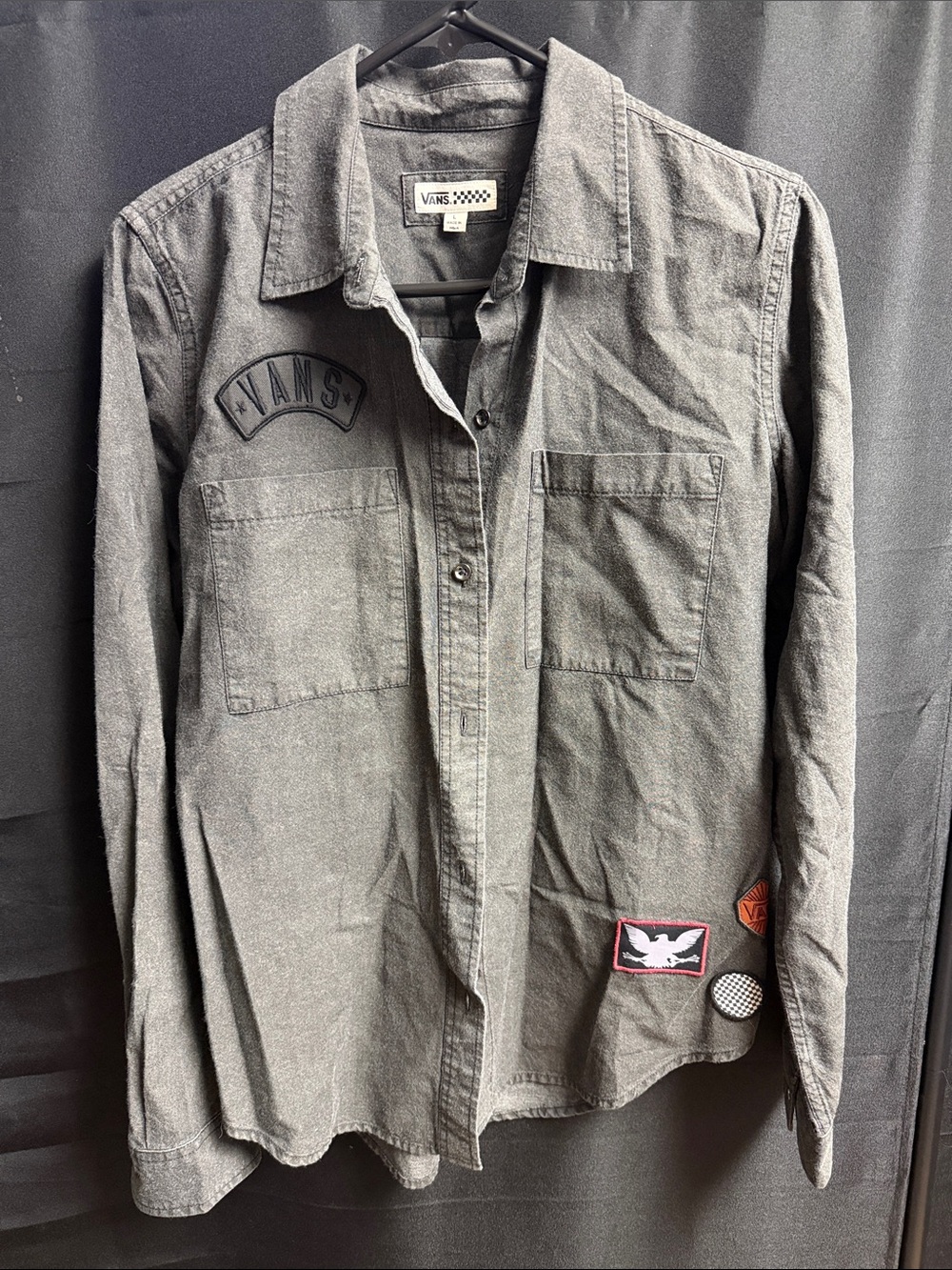 Vans Charcoal Gray Button-Up Shirt with Patch Accents